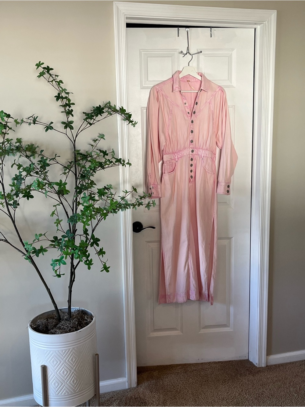 Free People Blush Pink Long-Sleeve Button Midi Dress